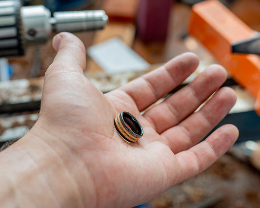 Black Ceramic Ring w/ Curly Maple & Crushed Opal Inlay - Size 7