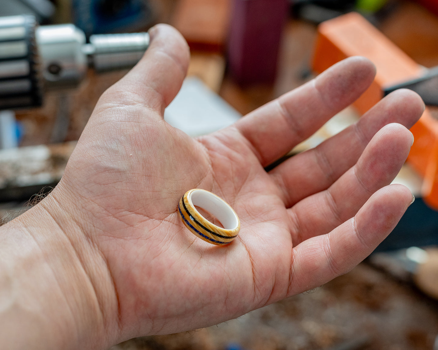 Box Elder Burl Ring w/ Lapis Lazuli & Black Tourmaline Inlay - Size 11.5 | Seconds