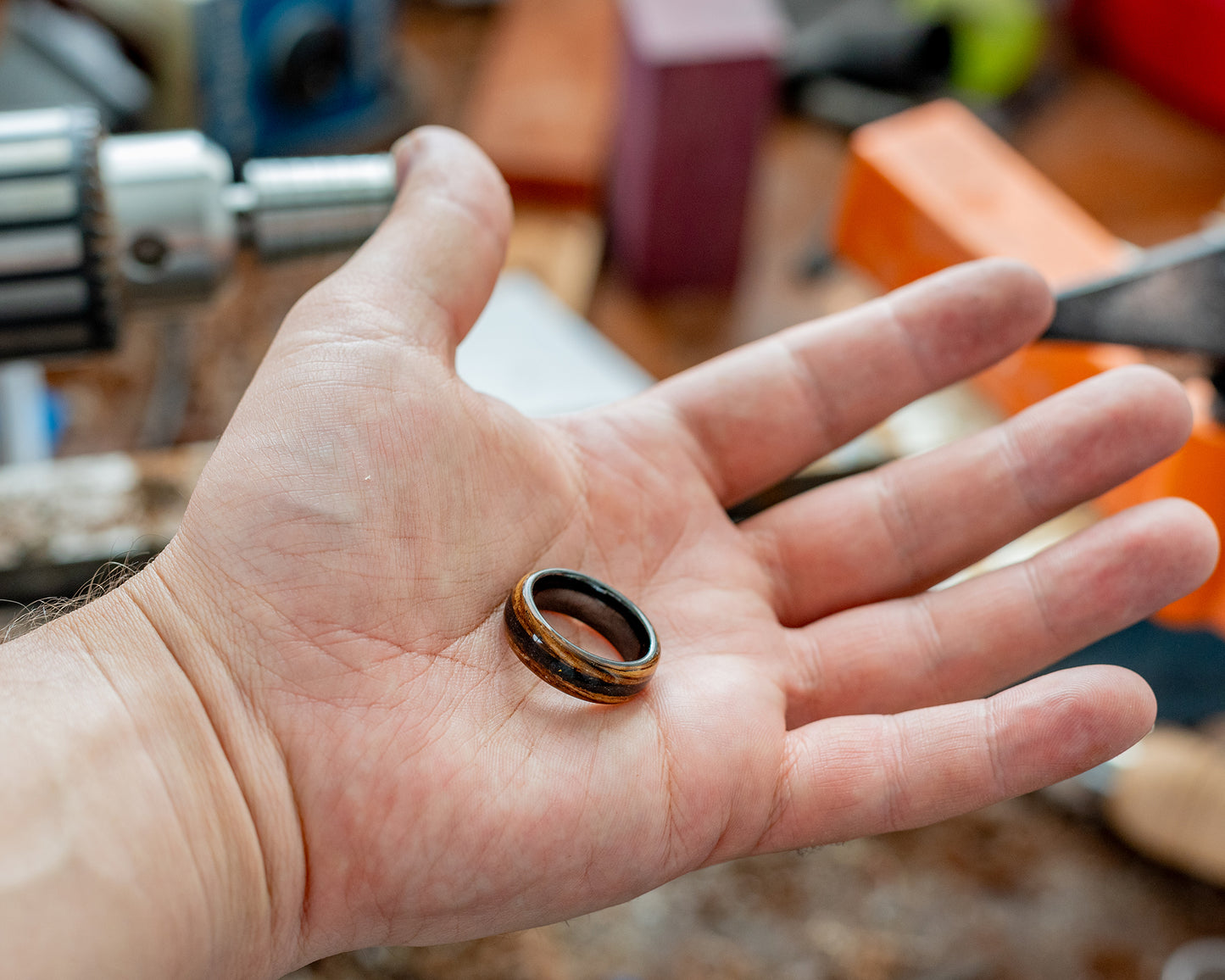 Zebrawood Bentwood Ring w/ Black Tourmaline Inlay