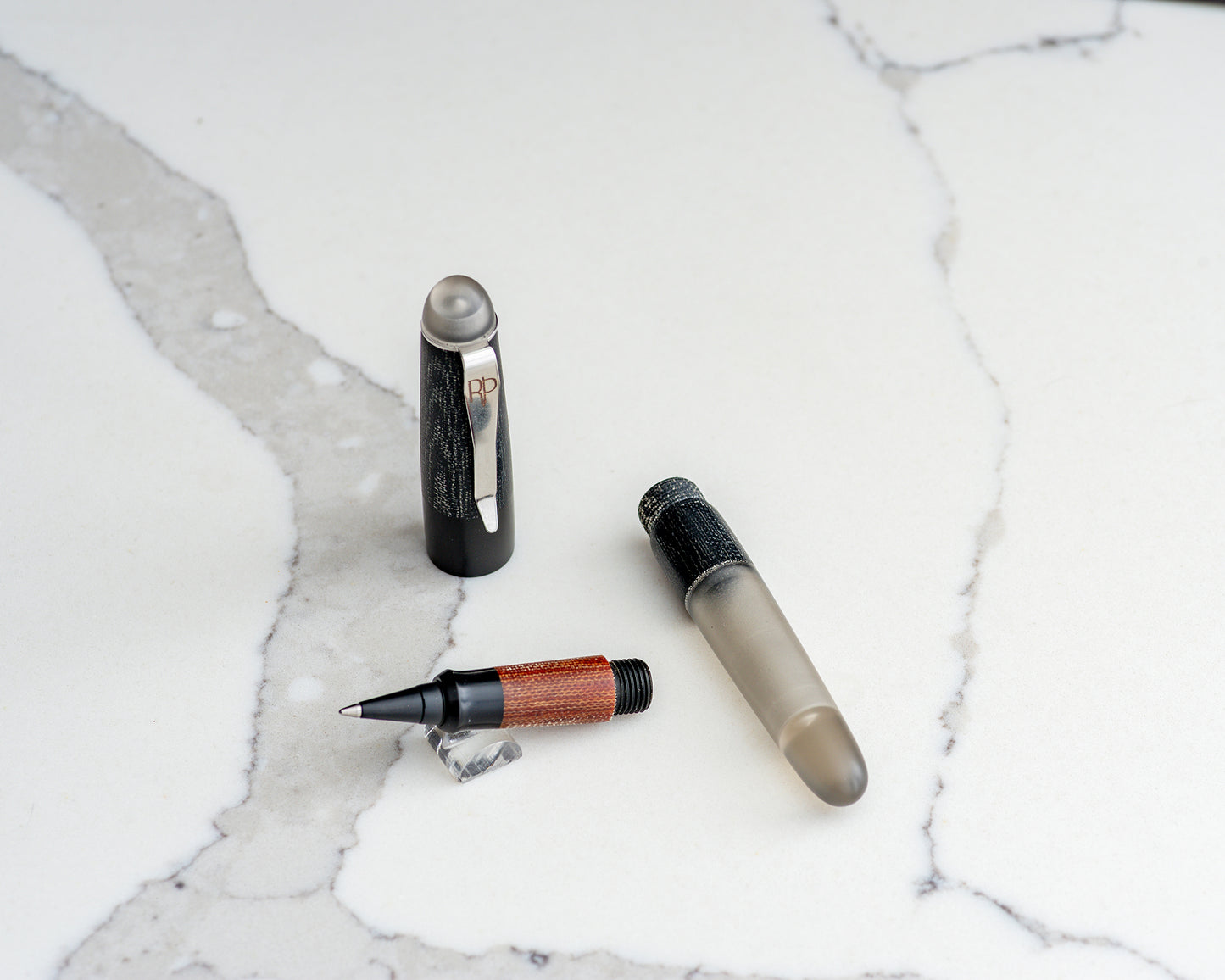 Daily Carry - EDC Demo | Handmade Convertible Pen w/ Black & Brown Canvas Micarta, Ebonite, Smoky Demo Resin, and Stainless Steel Clip