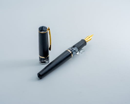 Daily Carry - Black Tie | Handmade Black Canvas Micarta, Acrylic & Raw Brass Fountain Pen w/ Gold TiN Coated Clip