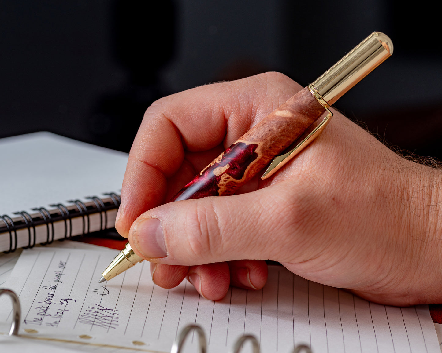 Mallee Burl & Red Resin Rollester Pen | Gold Hardware | Handmade Hybrid Rollerball Pen