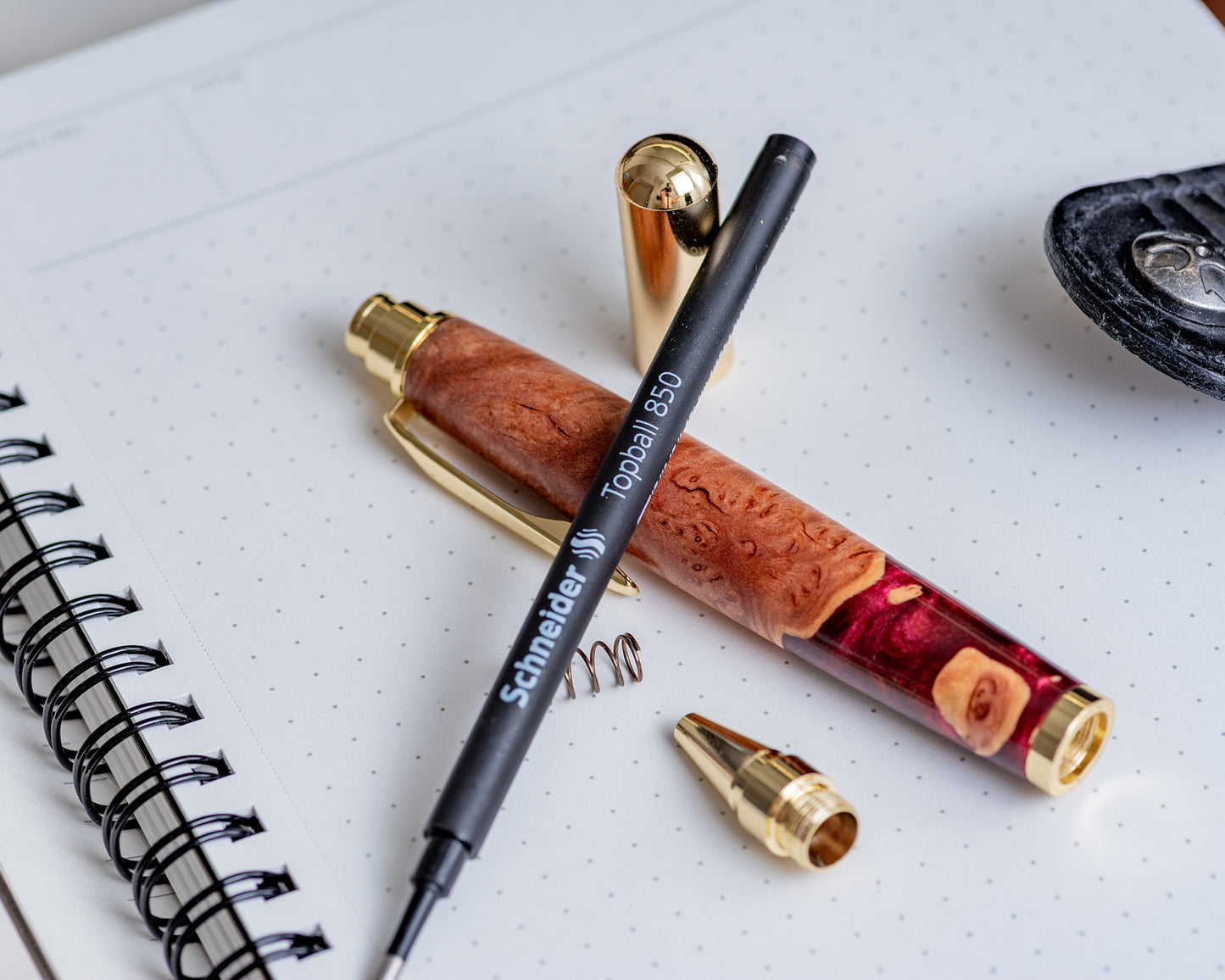 Mallee Burl & Red Resin Rollester Pen | Gold Hardware | Handmade Hybrid Rollerball Pen