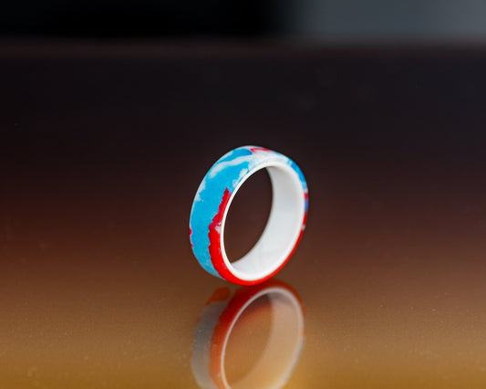 Red, White & Blue Resin Rings on 8mm Wide White Ceramic Comfort Fit Band | Handcrafted Size 6.5 + 11.5 His and Hers Rings