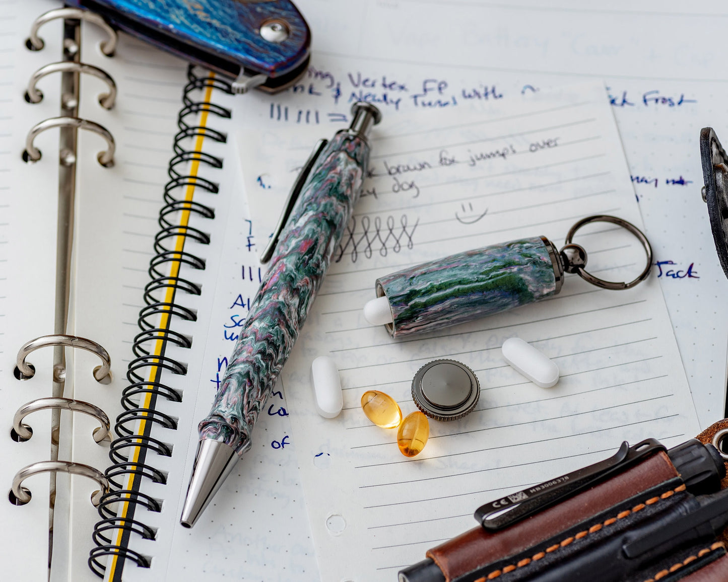 Handcrafted Pen & Pill Holder Combo | Matching Gift Set - Click Pen w/ Keychain made with "Sleep Paralysis" Bespoke Acrylic Blank