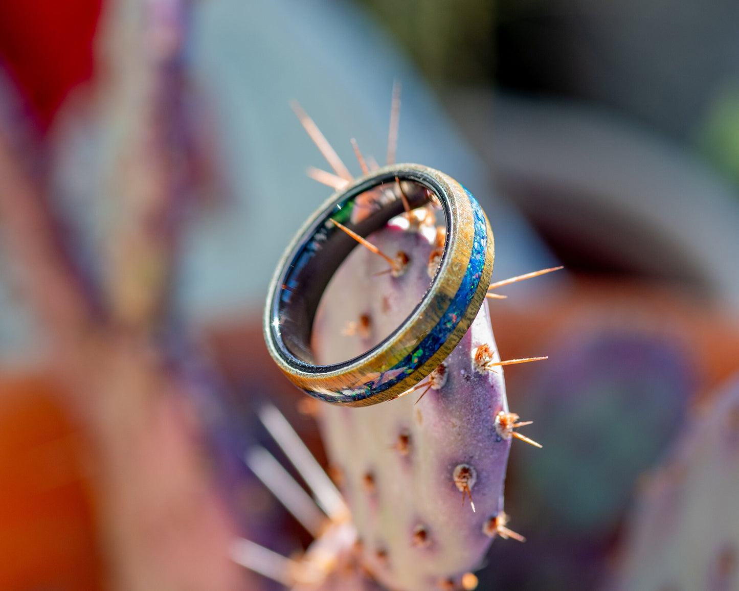 Handmade Wood & Opal Ring | Lignum Vitae Wood with Opal and Lapis Lazuli Inlay on 8mm Wide Black Ceramic Core | Handcrafted Size 11 Ring
