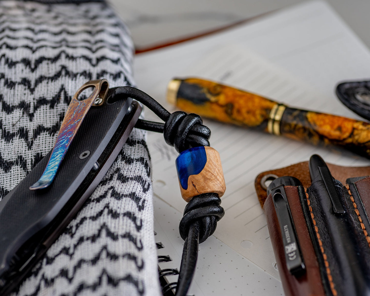 EDC Lanyard Bead - Hand Turned Extra-Large Stabilized Mallee Burl Bead with Blue Resin - Paracord Bead for Pocket Knife/Zipper/Keychain