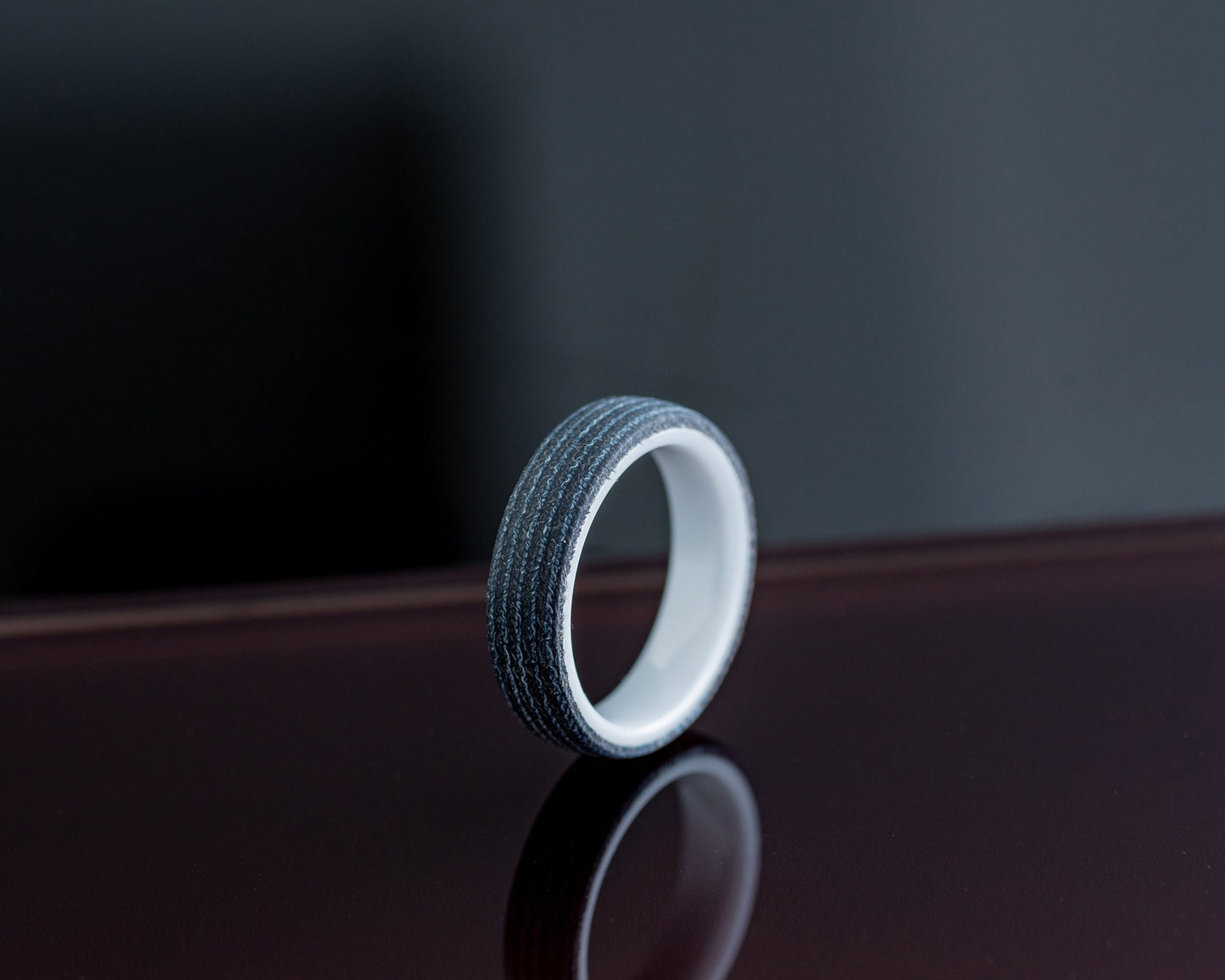 Handmade Micarta Ring - "Bruise" Black & Blue Denim Micarta w/ White Ceramic Ring Core | Size 9.5 Premade Ring