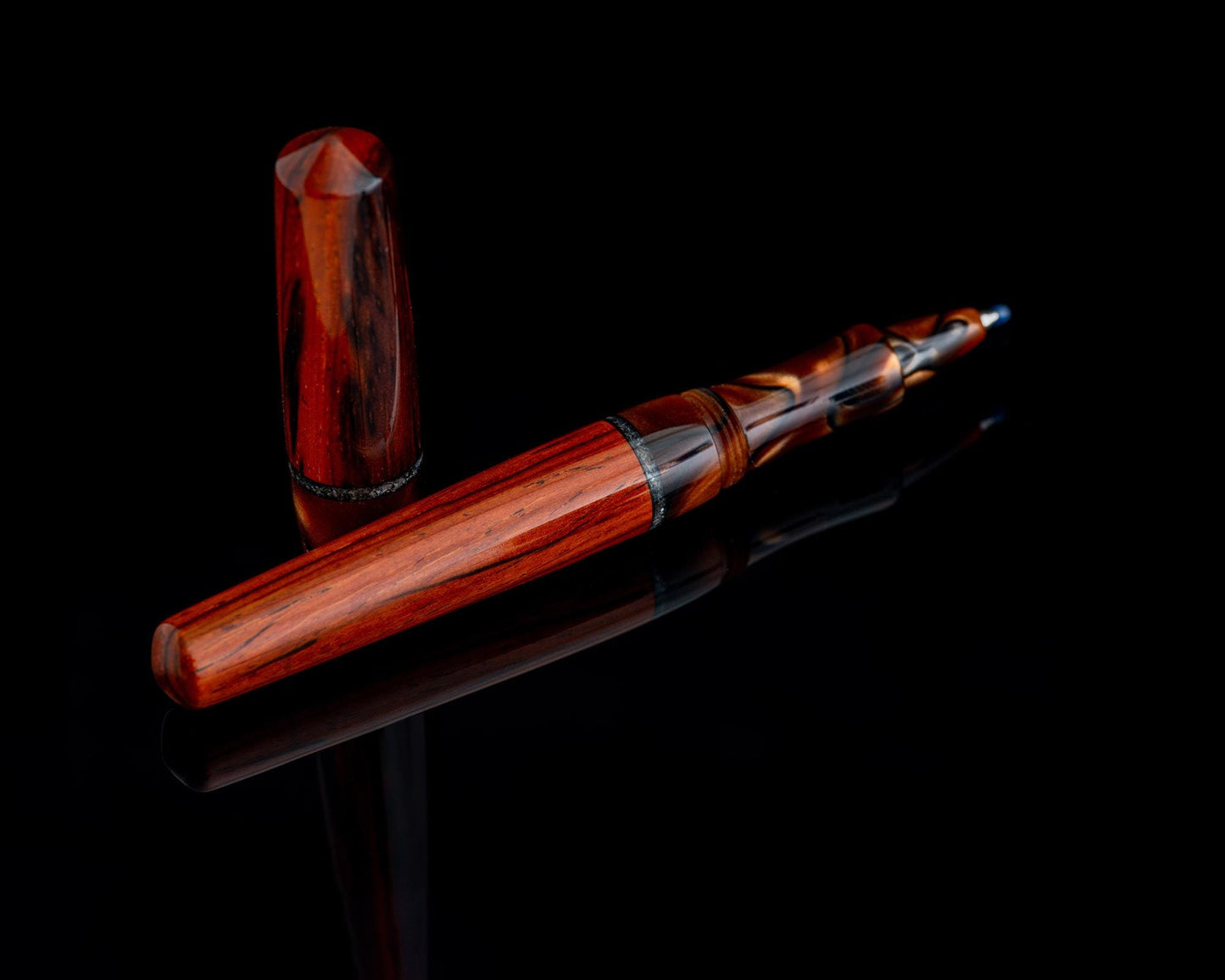 Handmade Hybrid Desk Pen - Cocobolo, Cat's Eye Acrylic & Blue Kyanite Inlay - Custom Bespoke Kitless Rollerball Body For Pilot G2/Parker Ink