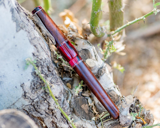 Handmade Hybrid Rollerball Pen - Sequoia Burl, "True Blood" Kirinite, Mixed Opal Inlay - Custom Bespoke Kitless Body For Pilot G2 Refills