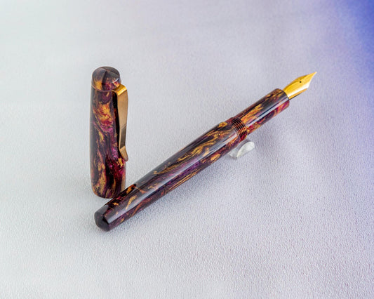 Primary Piece - "Royal Flame" | Handmade DiamondCast Fountain Pen w/ Flame-Bronzed Stainless Steel Clip