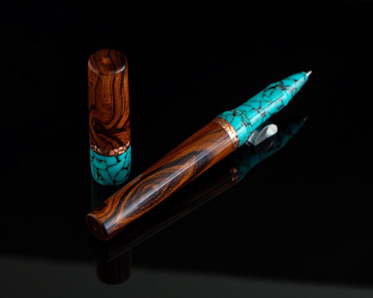 The "Arizony" Handmade Desk Pen - Desert Ironwood, Turquoise Acrylic & Copper Inlay- Custom Bespoke Kitless Rollerball Body For Pilot G2 Ink