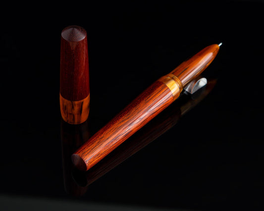 Handmade Hybrid Desk Pen - Bloodwood & "Antique Gold" Acrylic - Custom Bespoke Kitless Rollerball Body For Pilot G2 or Euro Rollerball Ink