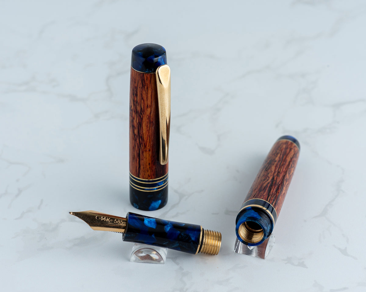 Premiere Piece - "Cerulean Rose" | Handmade Fountain Pen w/ Italian Acrylic & Burmese Rosewood