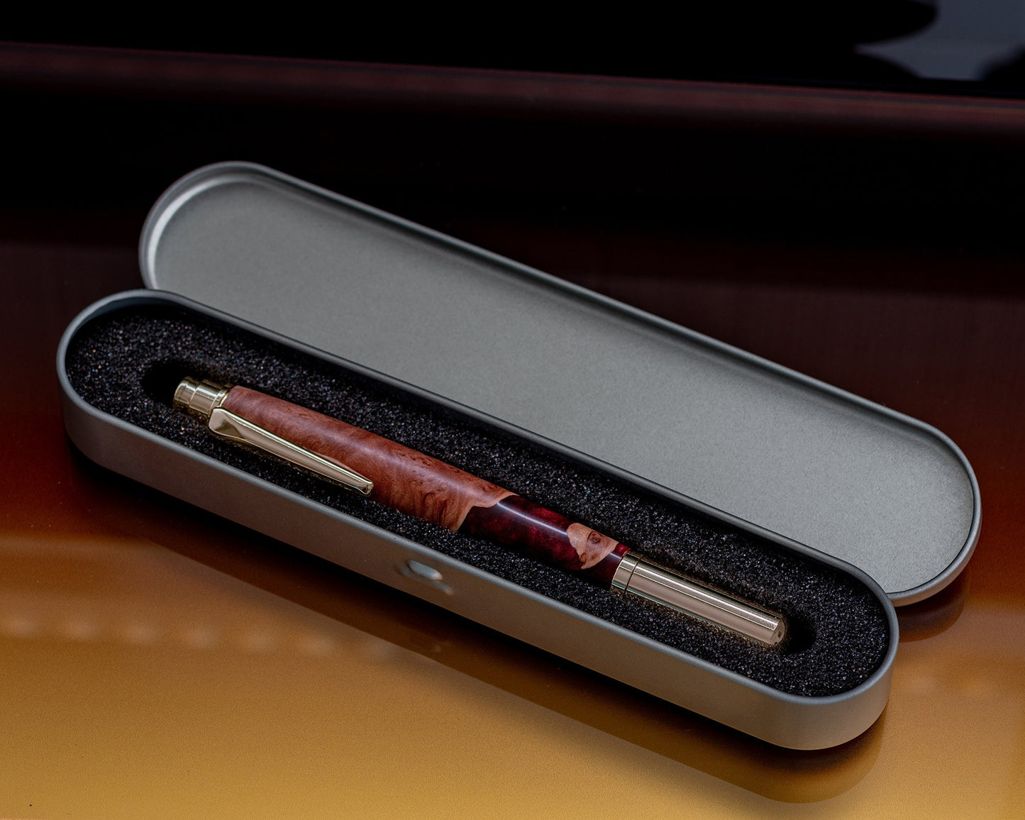 Mallee Burl & Red Resin Rollester Pen | Gold Hardware | Handmade Hybrid Rollerball Pen