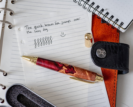 Mallee Burl & Red Resin Rollester Pen | Gold Hardware | Handmade Hybrid Rollerball Pen
