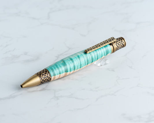 Celtic Twist Pen - Teal Curly Maple & Antique Brass