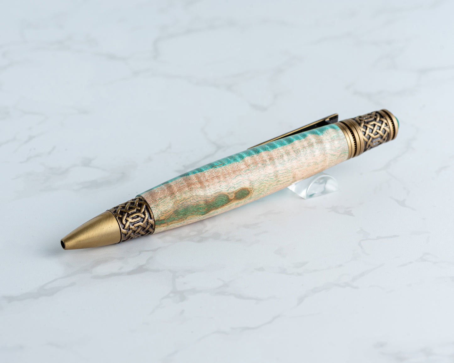 Celtic Twist Pen - Teal Curly Maple & Antique Brass