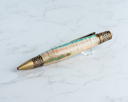 Celtic Twist Pen - Teal Curly Maple & Antique Brass