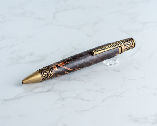 Celtic Twist Pen - Black Dyed Burl Wood & Antique Brass