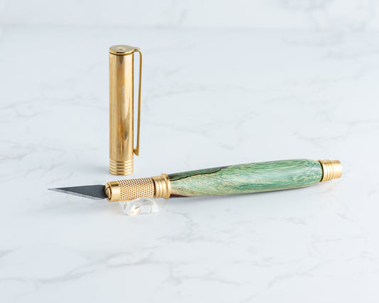 Hobby Knife - Green-Dyed Ambrosia Maple on Raw Brass Hardware