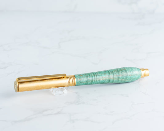 Hobby Knife - Green-Dyed Curly Maple on Raw Brass Hardware