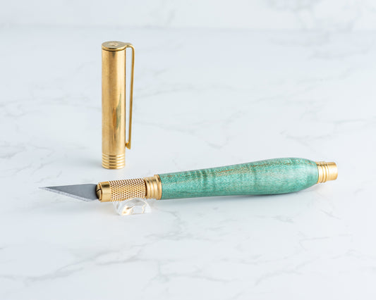 Hobby Knife - Green-Dyed Curly Maple on Raw Brass Hardware