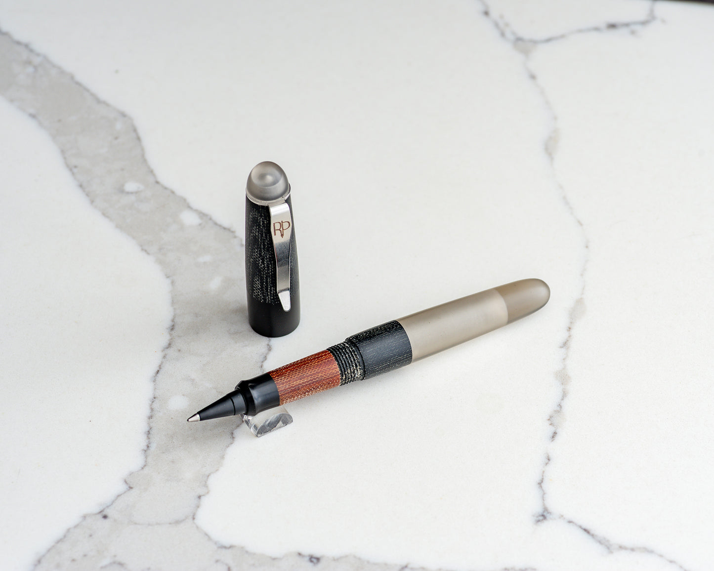Daily Carry - EDC Demo | Handmade Convertible Pen w/ Black & Brown Canvas Micarta, Ebonite, Smoky Demo Resin, and Stainless Steel Clip