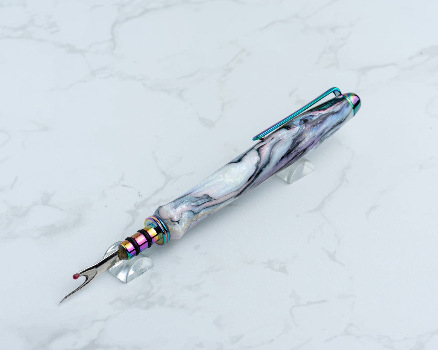 Single-Blade Seam Ripper w/ Removable Pocket Clip - "Abalone" Resin on Oil Slick Hardware