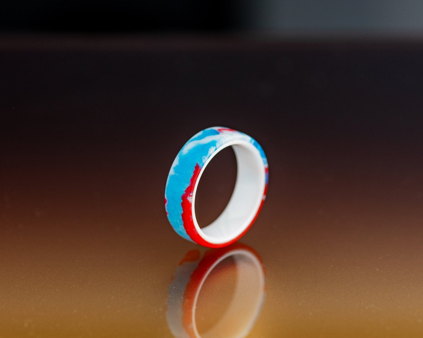 Red, White & Blue Resin Rings on 8mm Wide White Ceramic Comfort Fit Band | Handcrafted Size 6.5 + 11.5 His and Hers Rings