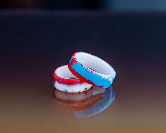 Red, White & Blue Resin Rings on 8mm Wide White Ceramic Comfort Fit Band | Handcrafted Size 6.5 + 11.5 His and Hers Rings