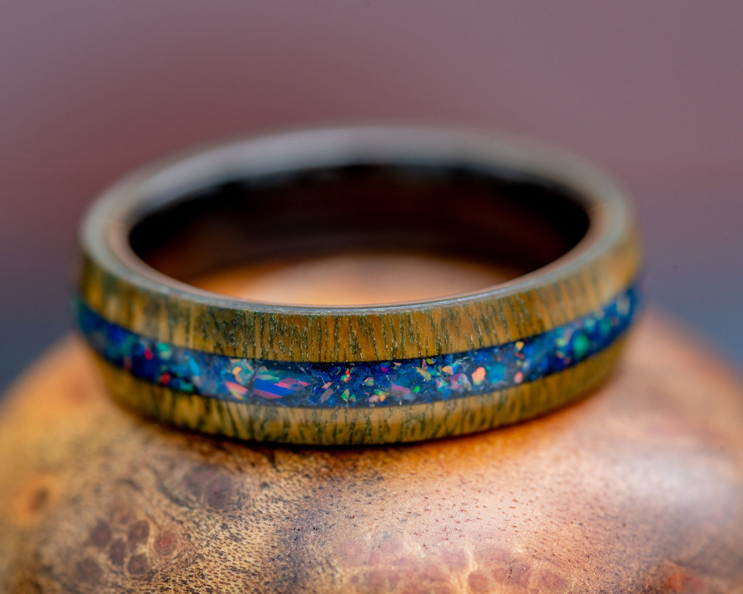 Handmade Wood & Opal Ring | Lignum Vitae Wood with Opal and Lapis Lazuli Inlay on 8mm Wide Black Ceramic Core | Handcrafted Size 11 Ring