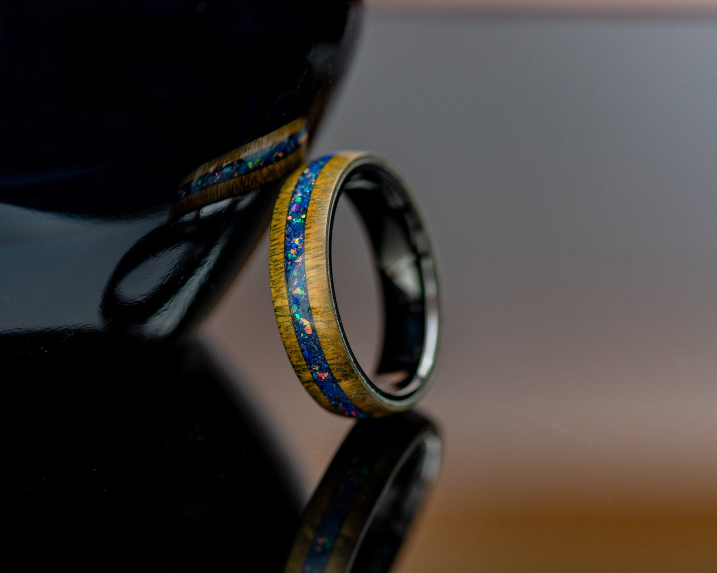 Handmade Wood & Opal Ring | Lignum Vitae Wood with Opal and Lapis Lazuli Inlay on 8mm Wide Black Ceramic Core | Handcrafted Size 11 Ring