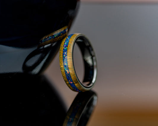 Handmade Wood & Opal Ring | Lignum Vitae Wood with Opal and Lapis Lazuli Inlay on 8mm Wide Black Ceramic Core | Handcrafted Size 11 Ring