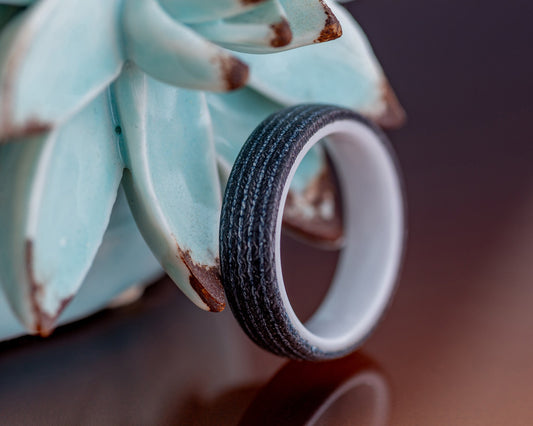 Handmade Micarta Ring - "Bruise" Black & Blue Denim Micarta w/ White Ceramic Ring Core | Size 9.5 Premade Ring