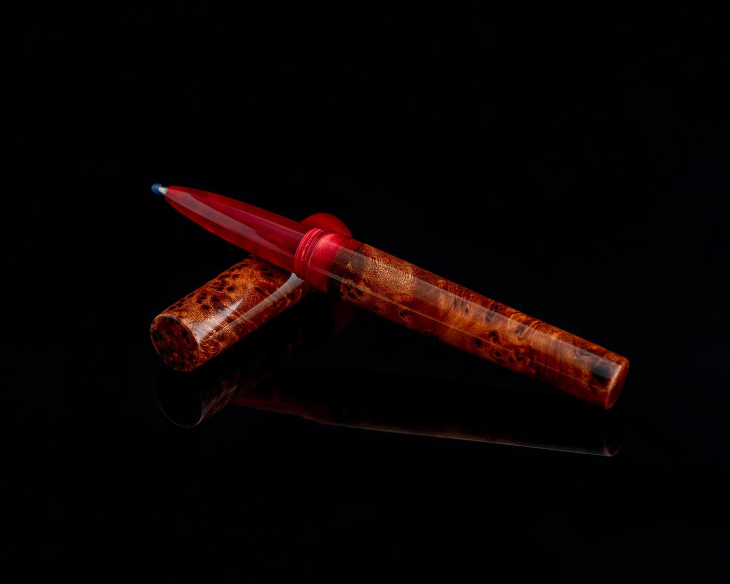 Handmade Hybrid Desk Pen - Thuya Burl & Red Acrylic w/ Padauk Accents - Custom Bespoke Kitless Rollerball Body For Pilot G2 or Energel Ink