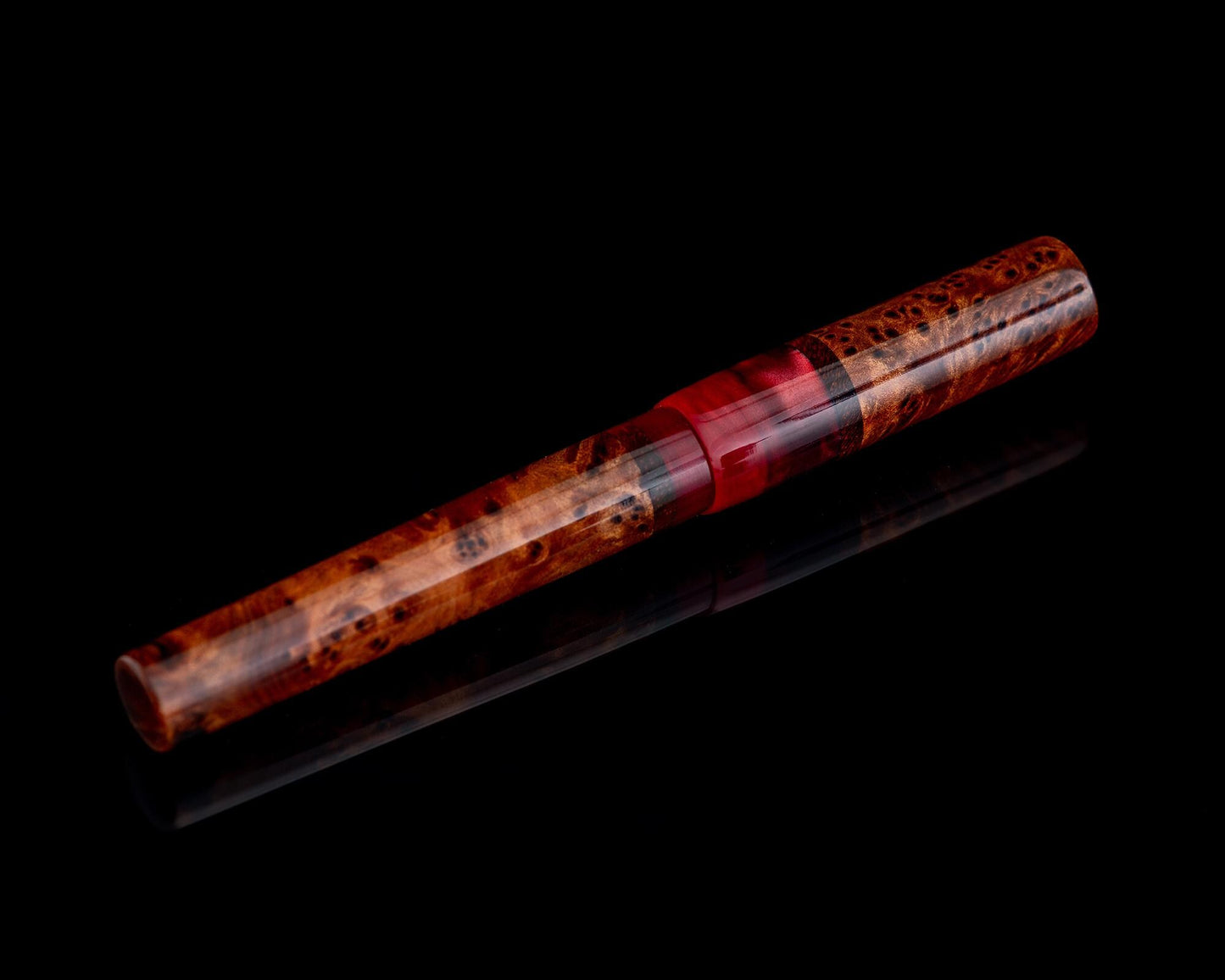 Handmade Hybrid Desk Pen - Thuya Burl & Red Acrylic w/ Padauk Accents - Custom Bespoke Kitless Rollerball Body For Pilot G2 or Energel Ink