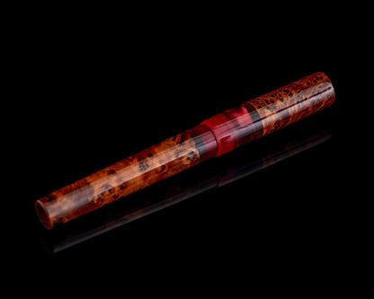 Handmade Hybrid Desk Pen - Thuya Burl & Red Acrylic w/ Padauk Accents - Custom Bespoke Kitless Rollerball Body For Pilot G2 or Energel Ink