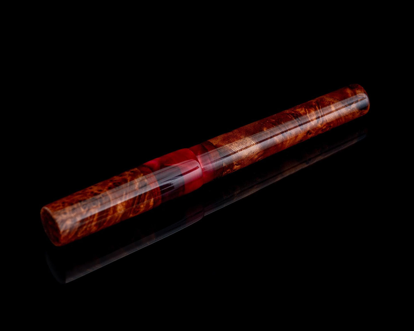 Handmade Hybrid Desk Pen - Thuya Burl & Red Acrylic w/ Padauk Accents - Custom Bespoke Kitless Rollerball Body For Pilot G2 or Energel Ink