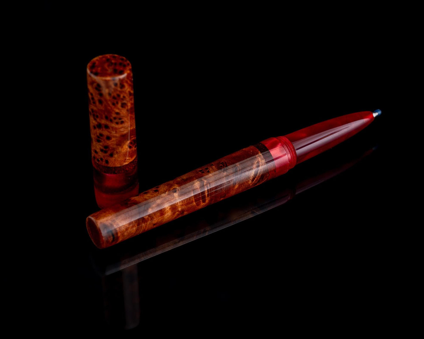 Handmade Hybrid Desk Pen - Thuya Burl & Red Acrylic w/ Padauk Accents - Custom Bespoke Kitless Rollerball Body For Pilot G2 or Energel Ink