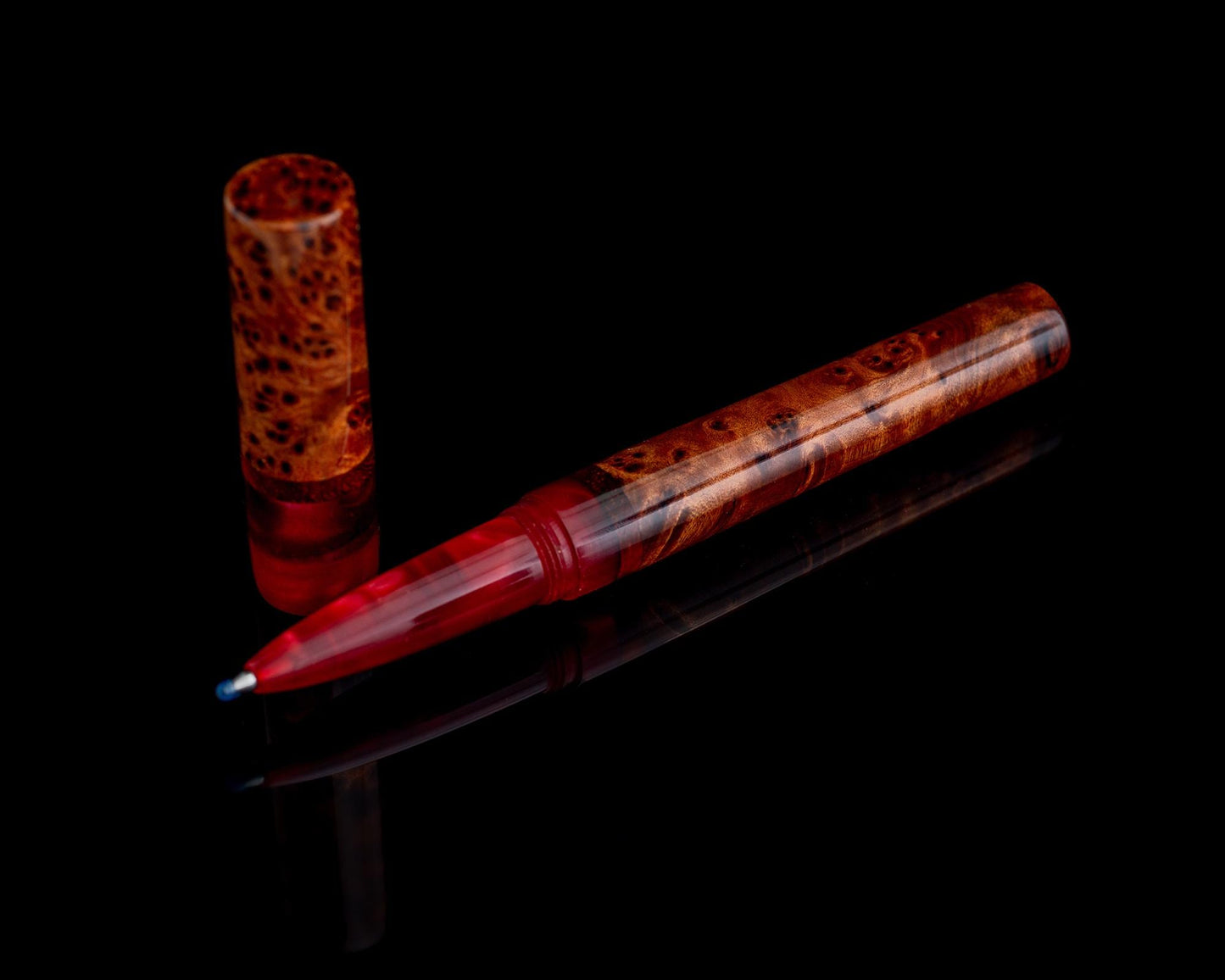 Handmade Hybrid Desk Pen - Thuya Burl & Red Acrylic w/ Padauk Accents - Custom Bespoke Kitless Rollerball Body For Pilot G2 or Energel Ink