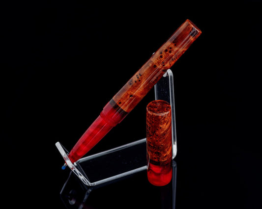 Handmade Hybrid Desk Pen - Thuya Burl & Red Acrylic w/ Padauk Accents - Custom Bespoke Kitless Rollerball Body For Pilot G2 or Energel Ink