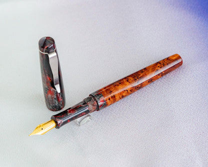 Handmade Fountain Pen - Thuya Burl and "Smoldering" DiamondCast Pen w/ Stainless Steel Clip for Jowo #6 Nibs | Bespoke Kitless Fountain Pen