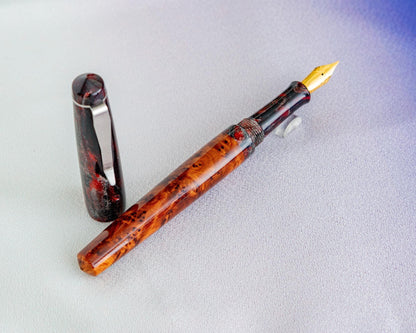 Handmade Fountain Pen - Thuya Burl and "Smoldering" DiamondCast Pen w/ Stainless Steel Clip for Jowo #6 Nibs | Bespoke Kitless Fountain Pen