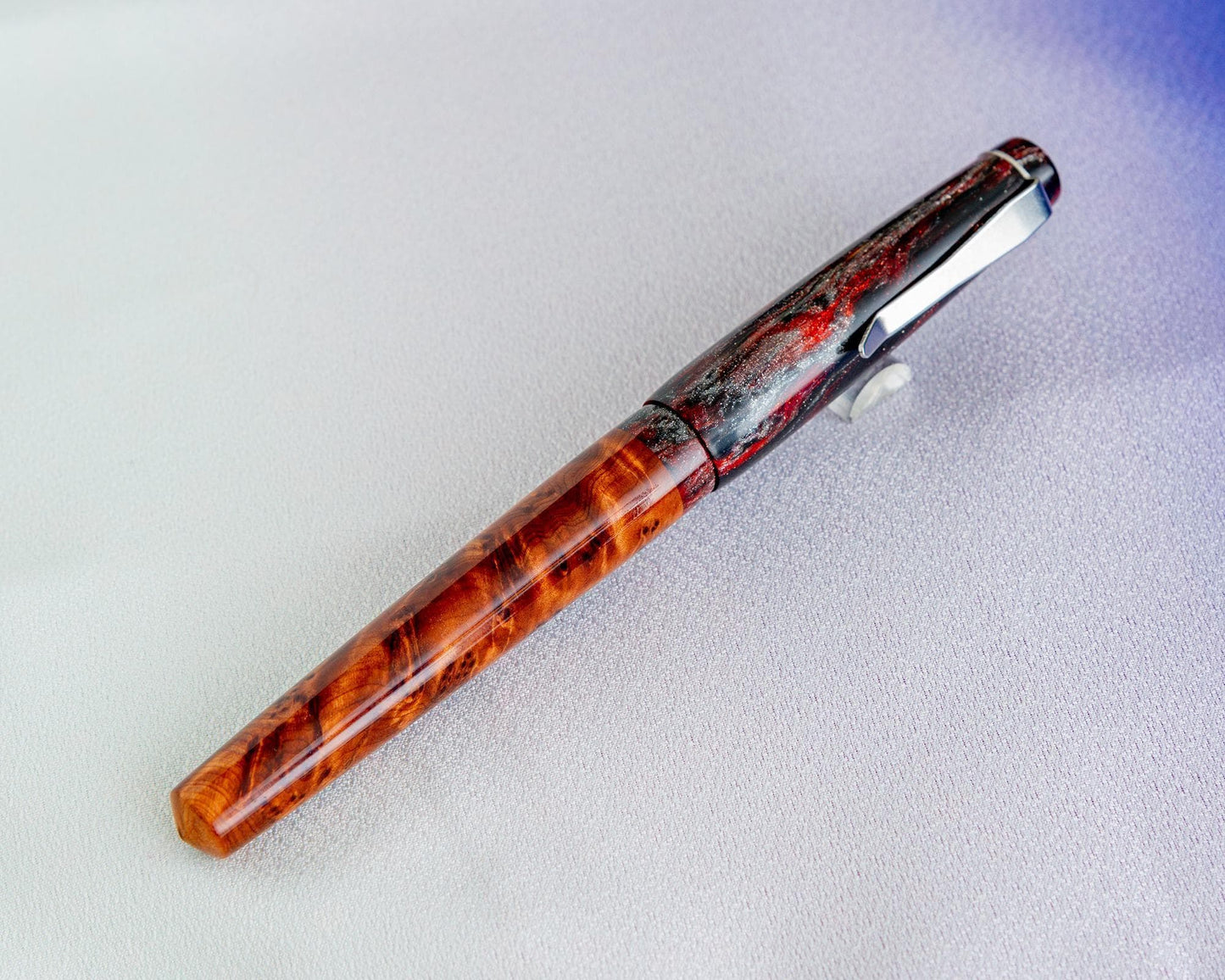 Handmade Fountain Pen - Thuya Burl and "Smoldering" DiamondCast Pen w/ Stainless Steel Clip for Jowo #6 Nibs | Bespoke Kitless Fountain Pen