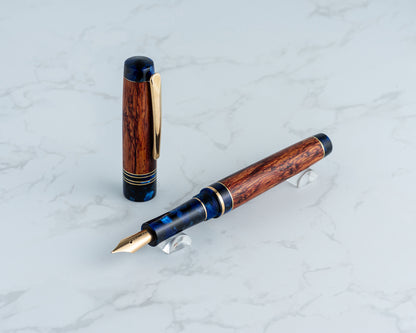 Premiere Piece - "Cerulean Rose" | Handmade Fountain Pen w/ Italian Acrylic & Burmese Rosewood