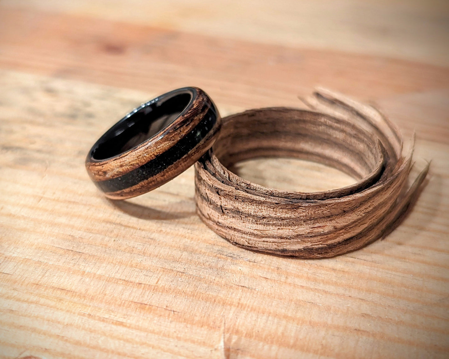 Zebrawood Bentwood Ring w/ Black Tourmaline Inlay