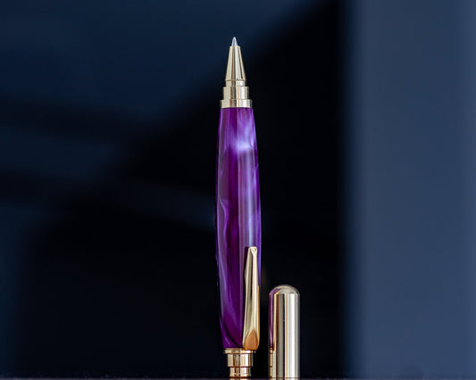 Purple & Black Acrylic Rollester Pen | Gold Hardware | Handmade Acrylic Rollerball Pen