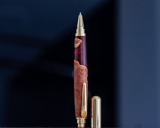 Mallee Burl & Red Resin Rollester Pen | Gold Hardware | Handmade Hybrid Rollerball Pen