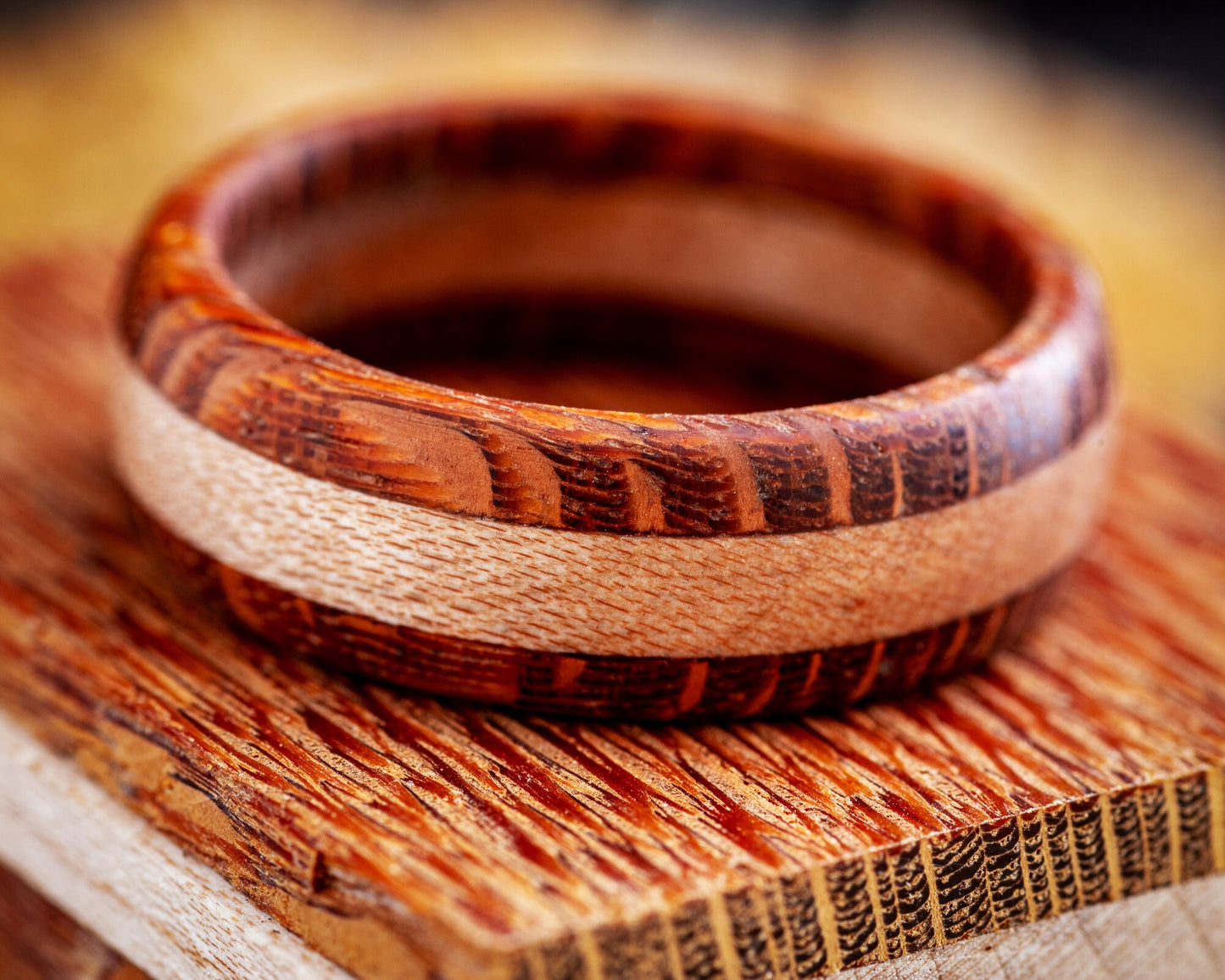 Hand Turned Wooden Ring - Laminated Leopardwood & Curly Maple